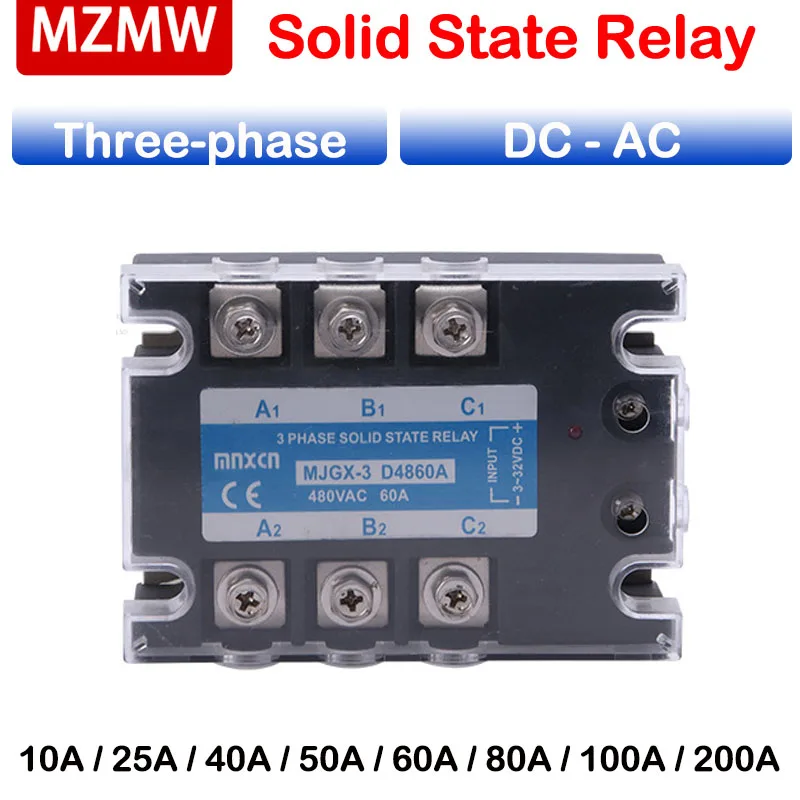 MZMW Three-phase Solid State Relay MJGX-3/JGX-3/SSR-3-10DA/25DA/40DA/50DA/60DA/80DA DC Control AC 480VAC 3-32VDC 100A 120A 200A