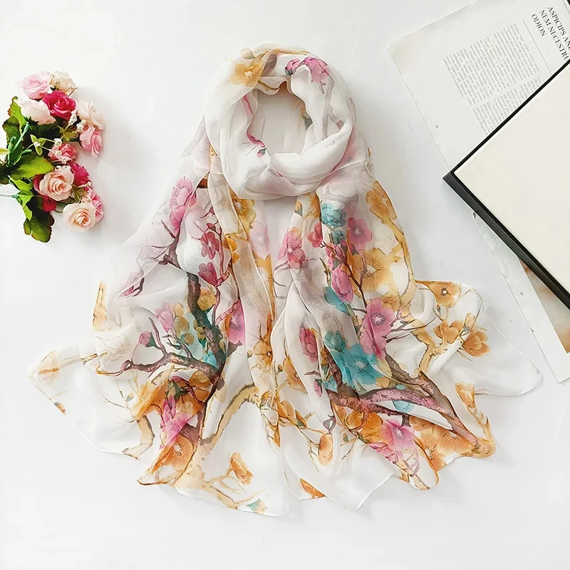 Elegant Plum Blossom Printed Hijab Bandana Georgette Shawl For Woman Fashion Beach Long Scarf Ladies Flower Sunscreen Headscarf