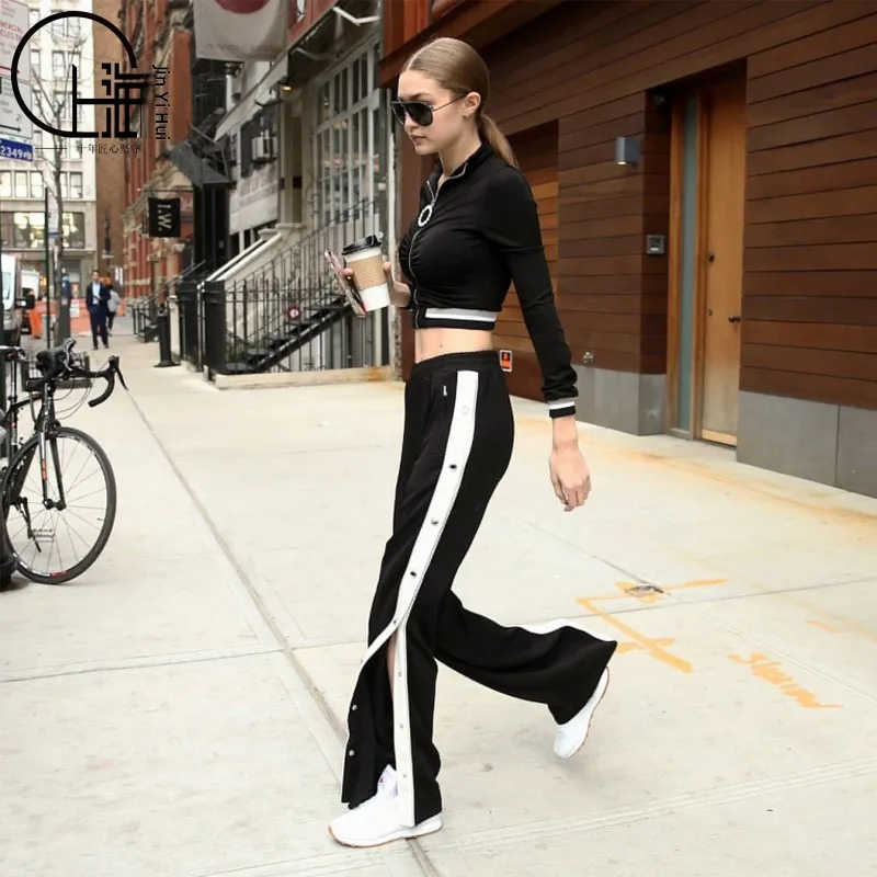 

High Waist Wide Leg Pants Street Style Sports Set Exposing Belly Button Wang Luodan Gigi Hadid Autumn Collection Short Sleeve