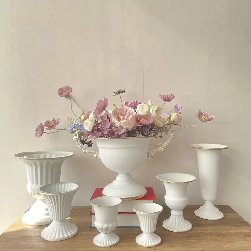 Golden Edged Metal High Footed Vase White Relief Flower Cup Wedding Desktop Floral Arrangement Floral Decoration Floral Ware