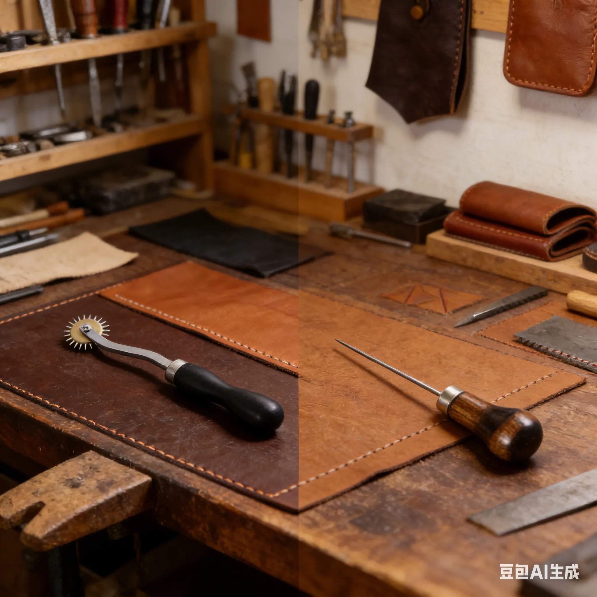 DIY Leather Craft Tool Punch with Overstitch Wheel Wooden Handle Sewing Scanning Line Awl for Paper Cloth