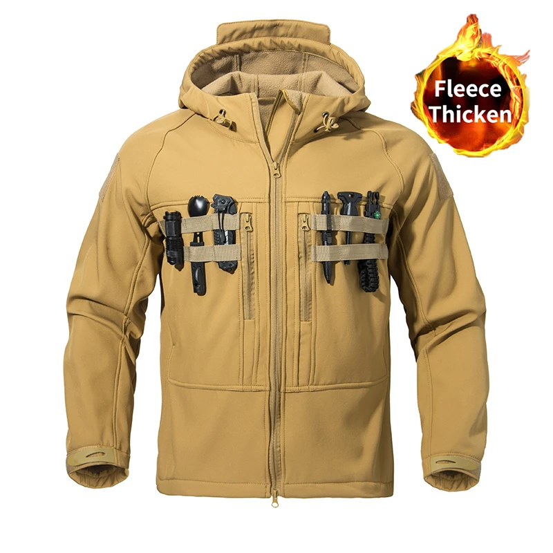 Men's Winter Fleece Lined Tactical Jacket Warm Thermal Windproof Hooded Military Coat Multi Pocket for Cold Weather Hiking Work