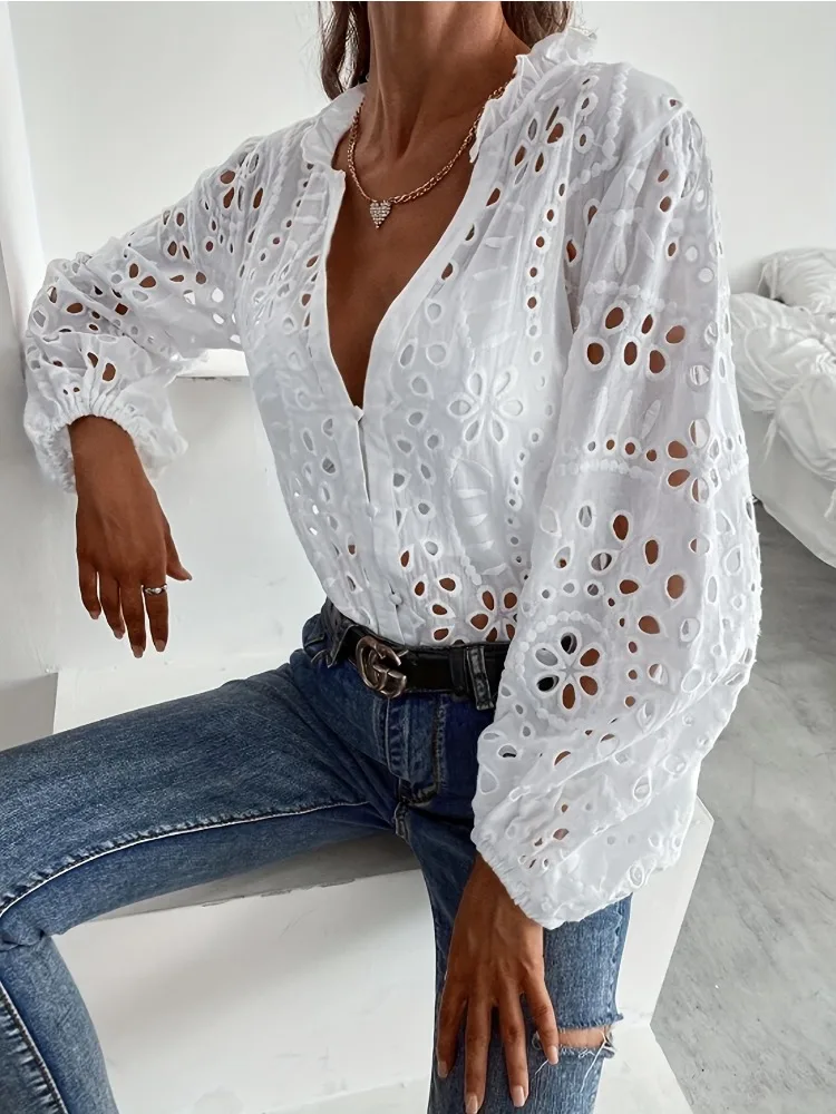 2025 primavera/verão novo decote em v manga comprida camisa feminina moda oco fino topo casual solto camisa branca elegante botão blusa