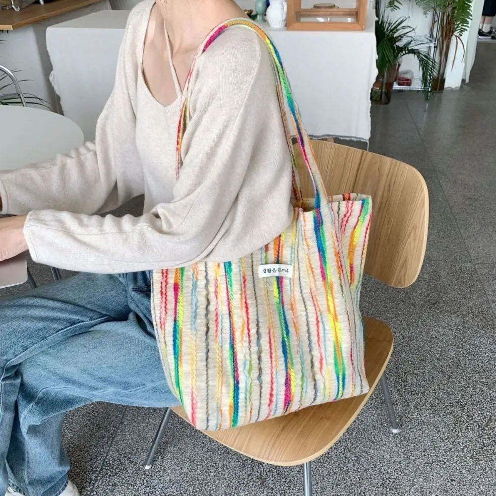 Casual Canvas Bag Fashion Stripes Crochet Handbag Large Capacity Shopper Bag Women