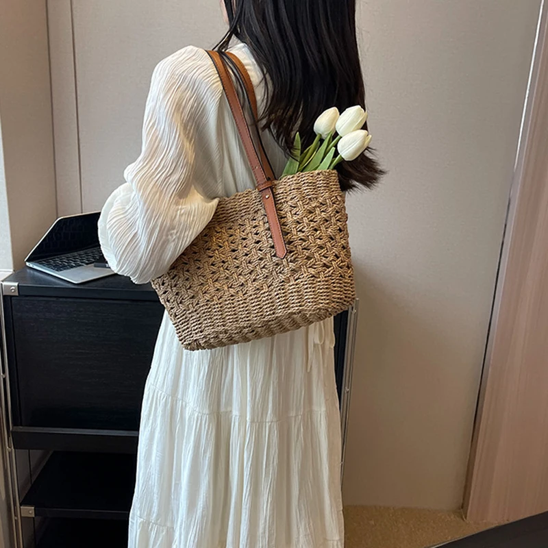 Designer Casual Rattan Wicker Tote Bag Große Kapazität Gewebt frauen Sommer Strand Stroh Handtasche Dame Reise Großen Korb – Detail 9