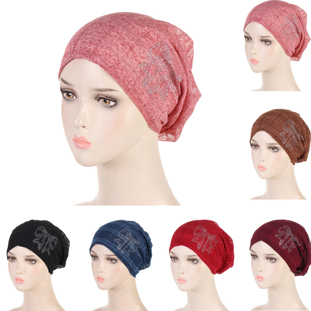 

Summer Turban Solid Bowknot Diamonds Inner Hijab Caps Soft Breathable Muslim Women Turbantes Wrap Head Hijab Underscarf Bonnet