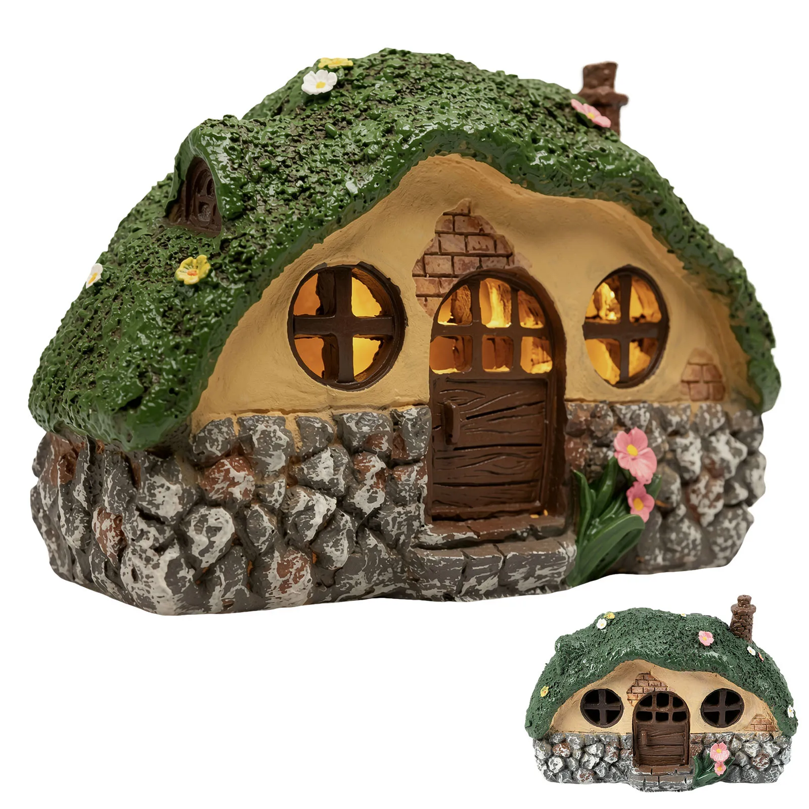 Solar Resin Storybook Cottage Fairy Garden Ornaments Warm Light Moss Roof Fairy Garden House Statue for Flower Bed Patio Decor