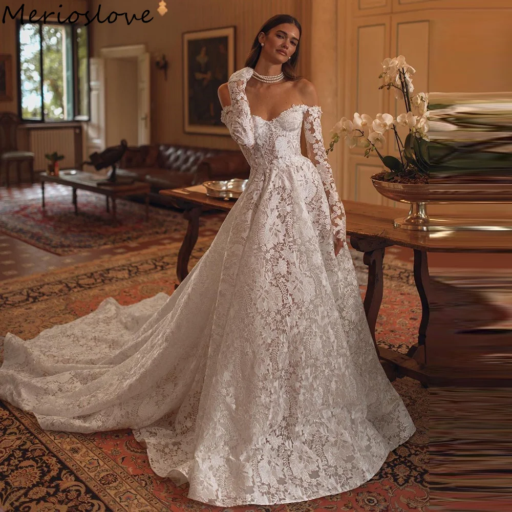 

Merioslove Exquisite Lace Appliques Wedding Dresses Sweetheart Long Sleeves A-Line Bridal Gowns Beach Bride Dress 2024