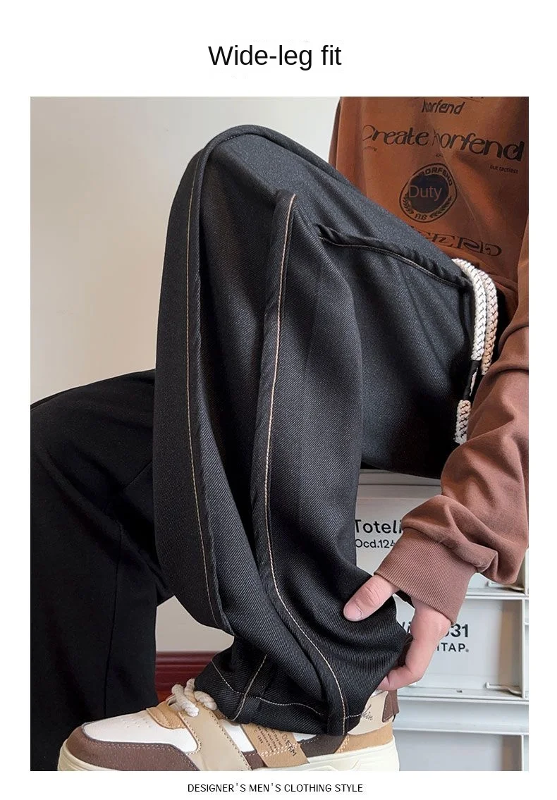 2026 Spring Autumn Men High Street Contrast Stitch Jeans Y2K Loose Straight Drape Casual Denim Pants L‑9XL Plus Size