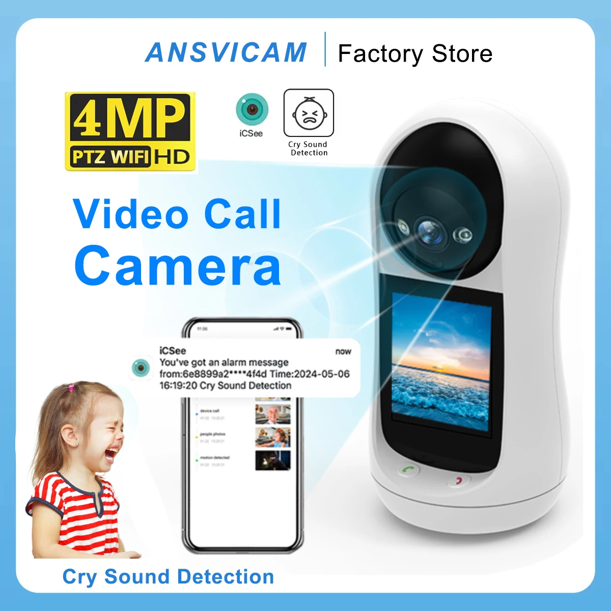 ANSVICAM 2K 4MP Wifi Video Call Camera with 2.8 Inch IPS Screen Baby Cry Sound Detection Security IP Camera Baby Monitor iCSee