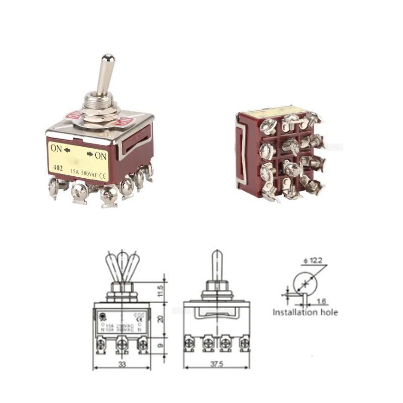 1Pcs E-TEN 402 Toggle Switch ON-ON 2Position 12Pins 15A 380VAC Rocker Switch for Car Boat Motor E-TEN402 Car Truck Brown