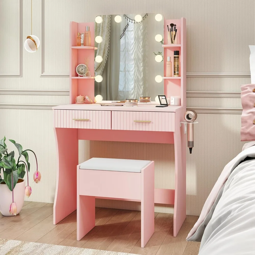 

Small Vanity Desk with Mirror and Lights, Makeup Vanity Desk with 3 Color Modes Adjustable Bulb, 2 Large Drawers and 4 Open Stor