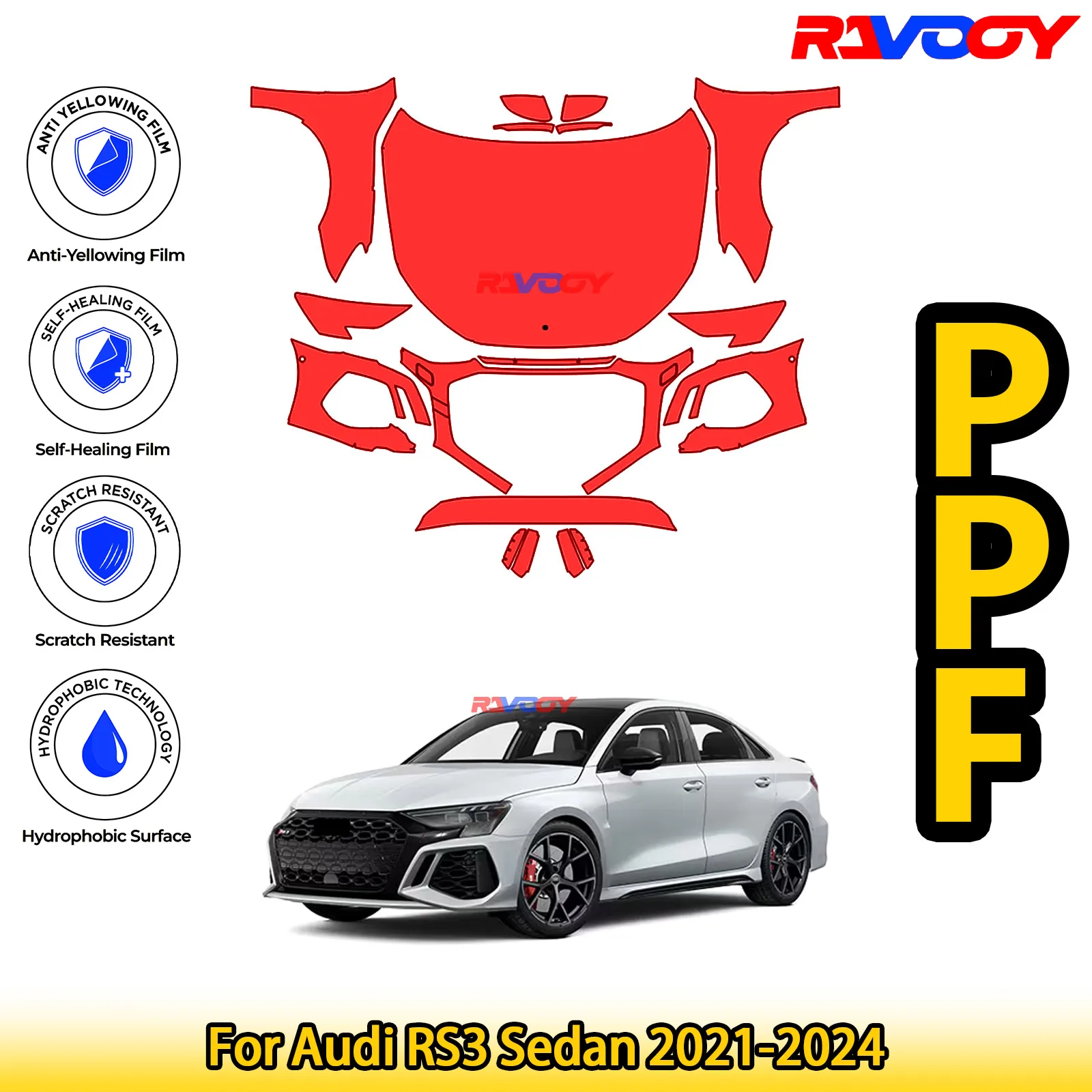 

For Audi RS3 Sedan 2021-2024 Glossy Matte Black Precut front PPF Kit Paint Protection Film