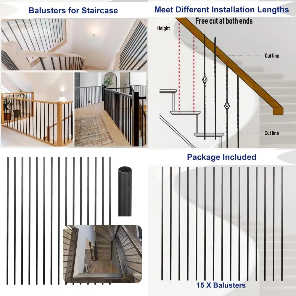 

15-Pack 44 Satin Black Hollow Iron Spindles for Stair Balusters, Suitable for Indoor & Outdoor Railings and Staircase Upgrades