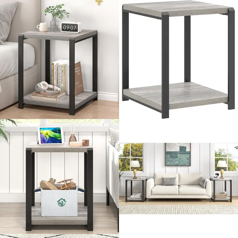 

Квадратный приставной столик в деревенском стиле с местом для хранения, идеально подходит для гостиной или спальни, идеально подходит для небольших помещений, светло-серый