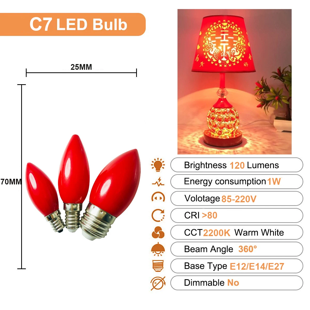 50 sztuk/partii C7 świeca światła E12 E14 E27 LED żarówki PC plastikowa lampa LED 85-220V oświetlenie krajobrazu czerwony 360 stopni oświetlenie