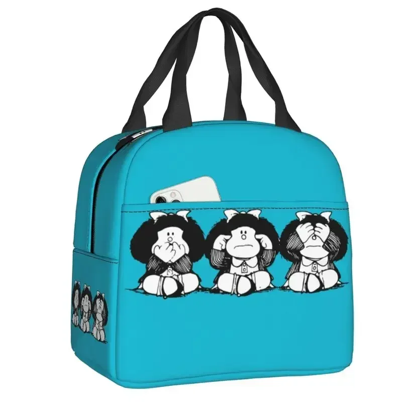 Happy Cycling Mafalda Lunch Box for Women Cartoon Cooler Thermal Food Insulated Lunch Bag Kids School Children Picnic Tote Bags