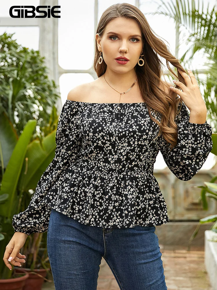 GIBSIE Impressão Floral Fora Do Ombro Tops para Mulheres Plus Size Peplum Blusa Manga Longa Casual Moda Primavera Verão Outono 2023