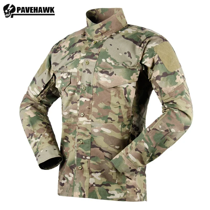 Camisa táctica de manga larga para hombre, Tops informales de camuflaje con una botonadura, uniforme de entrenamiento con cuello levantado y múltiples bolsillos