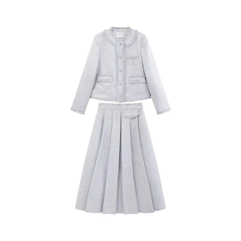 Elegant Tweed Jacket Skirt Set Women Lady Padded Shoulder Blazer High Waist Pleated A-Line Midi Skirt French Style Spring Outfit
