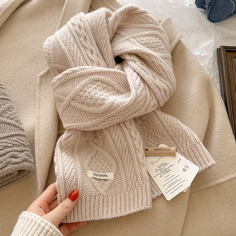 Luxury 100% Wool Scarf Women Mens Thick Cable Knitted Wrap Chunky Warm Scarf Warm Cashmere Scarves Neckercheif Christmas Gift view 5