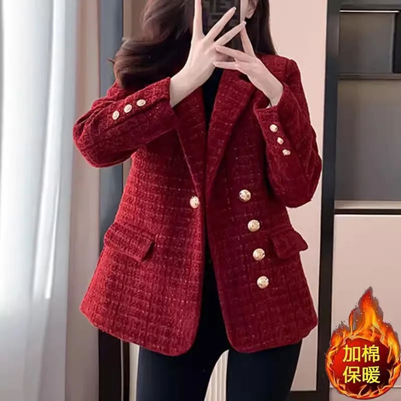 

2024 New Women Elegance Red Short Woolen Blazer Coat Spring Autumn Fashion Long Sleeve Outerwear Loose Female Jacket Tops W231