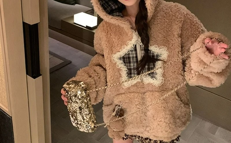 

Fur Coat Female Lamb Wool Winter Warm Hooded Cotton Coat Cute Woman