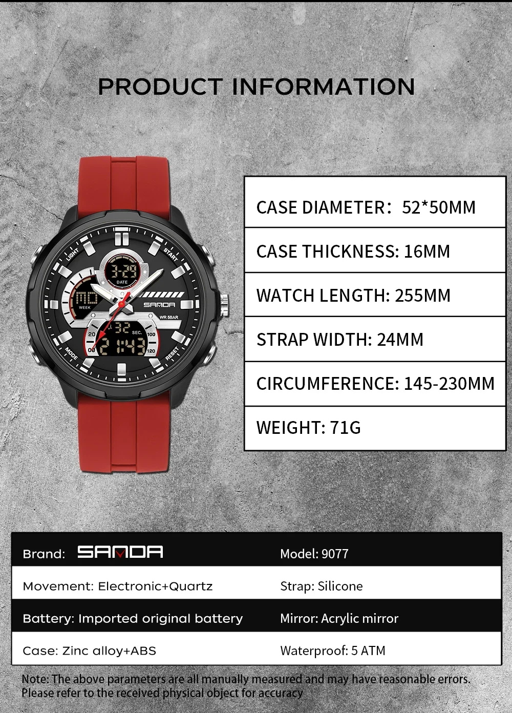 SANDA SD9077 Мужские часы Военные спортивные кварцевые цифровые светодиодные наручные часы Роскошный секундомер Водонепроницаемые мужские электронные часы