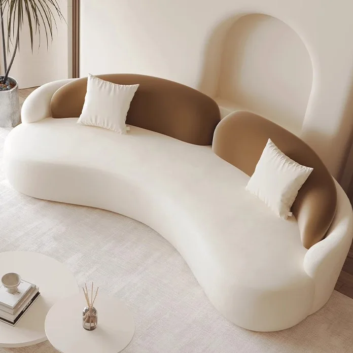 

xx-Modern Luxury Beige Velvet Fabric Couch Living Room Curved Sofas for Office Clothing Store Beauty Salon Lounge Reception&
