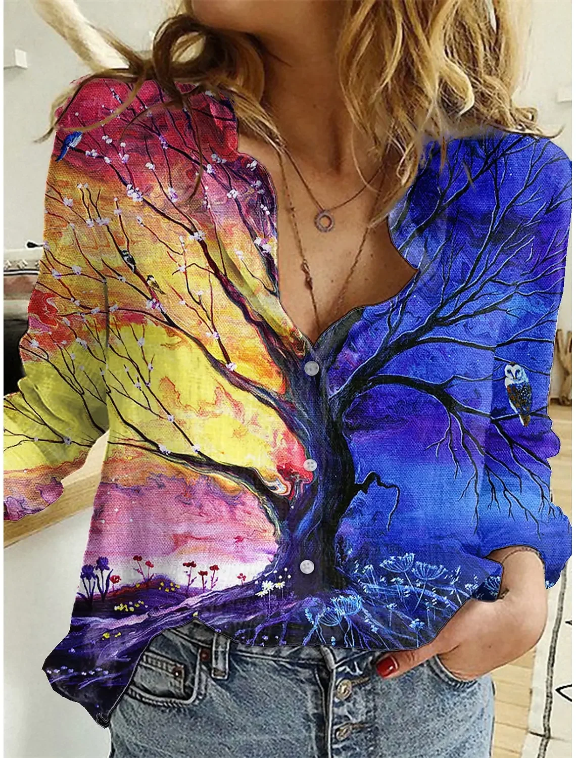 

2025 Spring Autumn Women's Shirts Floral Graphics Blouse Lapel Neck Blouse Women's Long Sleeve Shirts Womens Clothes Female Top