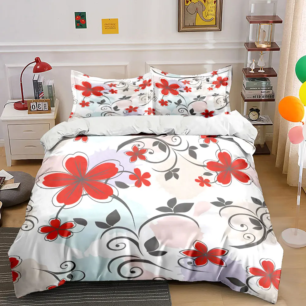 Red flowers with black leaves Print Bedding Set 1 Duvet Cover 2 Pillowcases for Adult and Children Luxury Gift Full Size