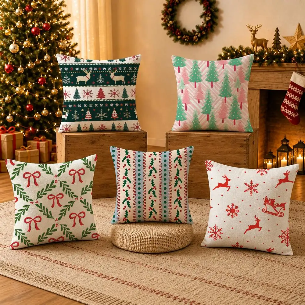 Pattern Christmas Seamless Cushion Cover Pillow Short Plush Cushion Covers for Living Room Sofa Christmas Festival Holiday Gift