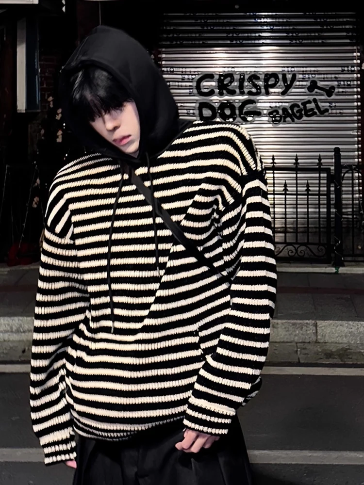 Sudadera con capucha de punto informal American Sle para hombre, sudadera de otoño con rayas blancas Bla de gama alta, suave y cómoda fibra de poliéster