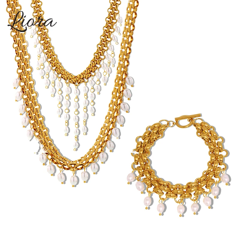 Liora Imitation Perle Halskette Armbänder Für Frauen PVD Vergoldet Edelstahl Kette Frauen Handgemachte Schmuck Set Keine Anlaufen