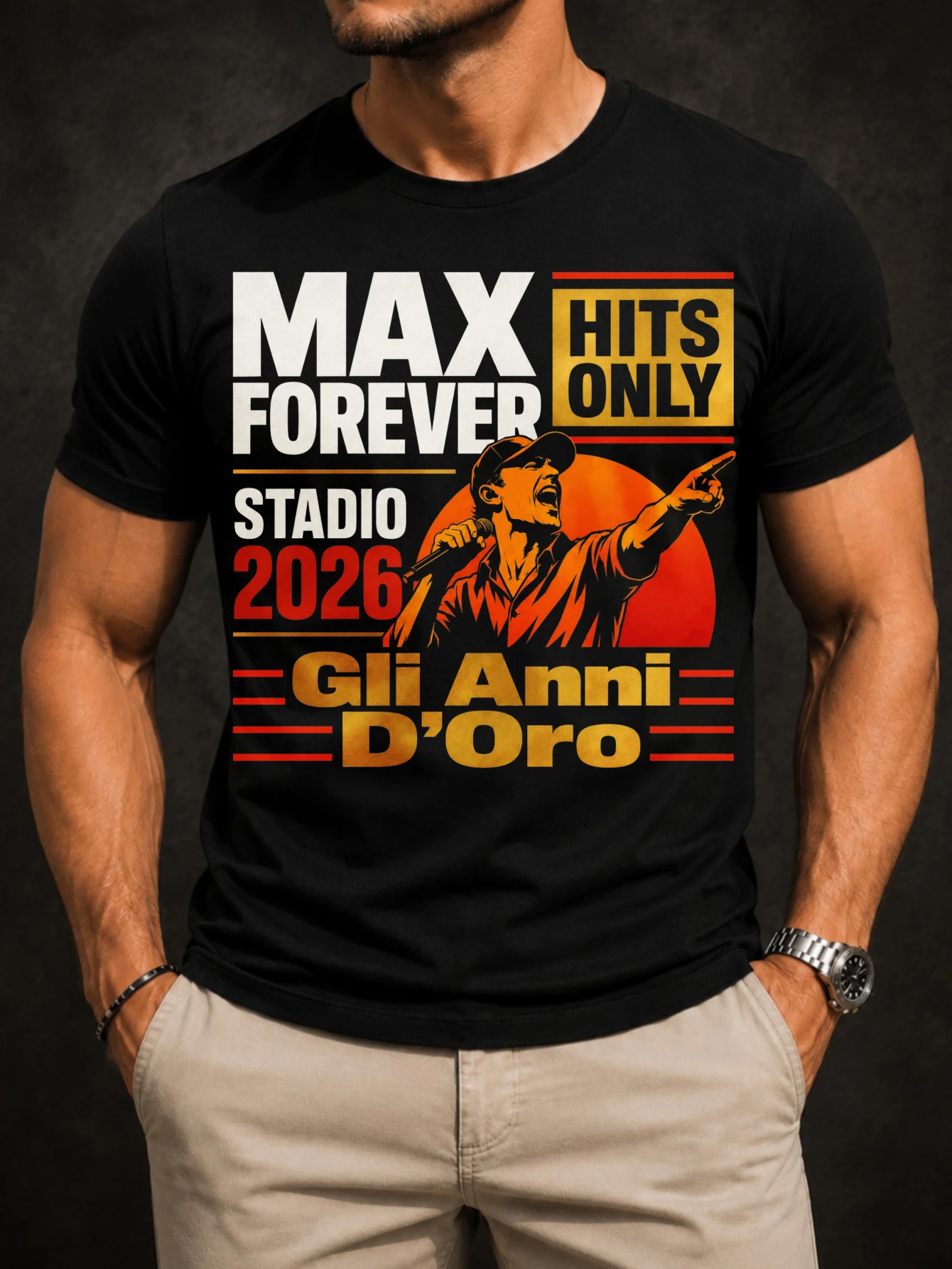 Футболка унисекс Max Forever Hits Only With Orange Singer Silhouette Stadio 2026 Text And Bold Gli Anni D Oro