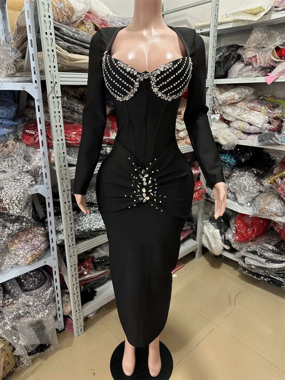 Sexy luxo brilhante miçangas mangas compridas bodycon vestido 2026 novas mulheres celebridade festa elegante noite clube pary vestidos