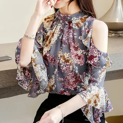 Elegant 2024 Womens Blouses Tops Short Sleeve Butterfly Sleeve Chiffon Women Clothing Female Shirts Long Sleeve Floral 5388