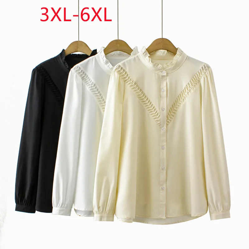 

New 2023 Ladies Spring Autumn Plus Size Tops For Women Large Size Blouse Long Sleeve Buttons Ruffle Black Shirt 3XL 4XL 5XL 6XL