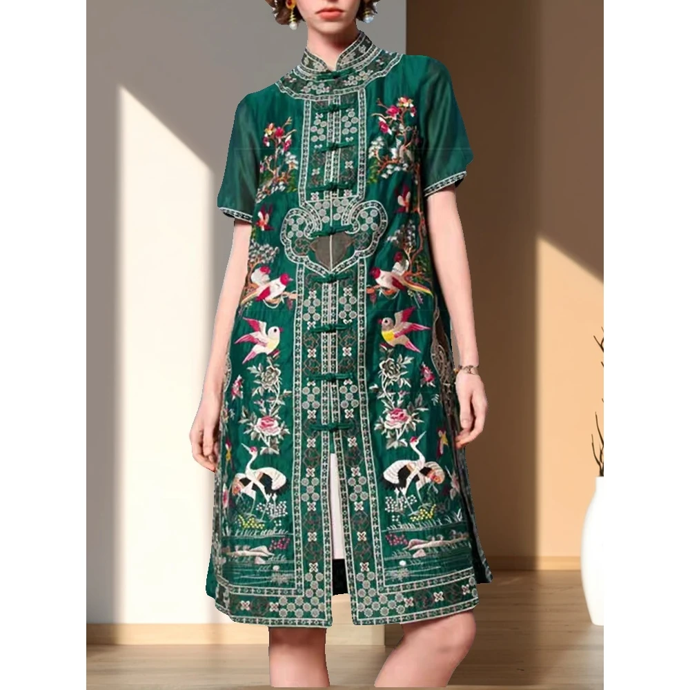 

Ethnic Style Cheongsam Women's Summer Chinese Ancient Style Flower Luxury Embroidery Tencel Loose Buckle Dress Plus Size