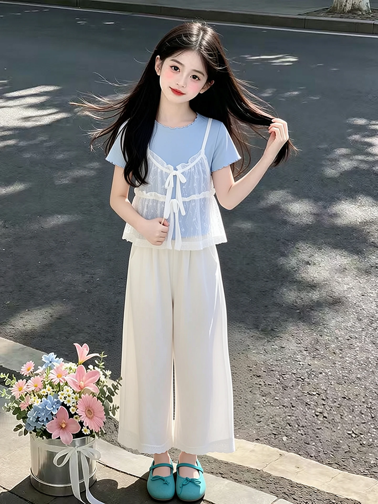 女の子夏服セット2026新作可愛いおしゃれレース風フェイクツーピーストップス子供夏韓国風カジュアルツーピースセット