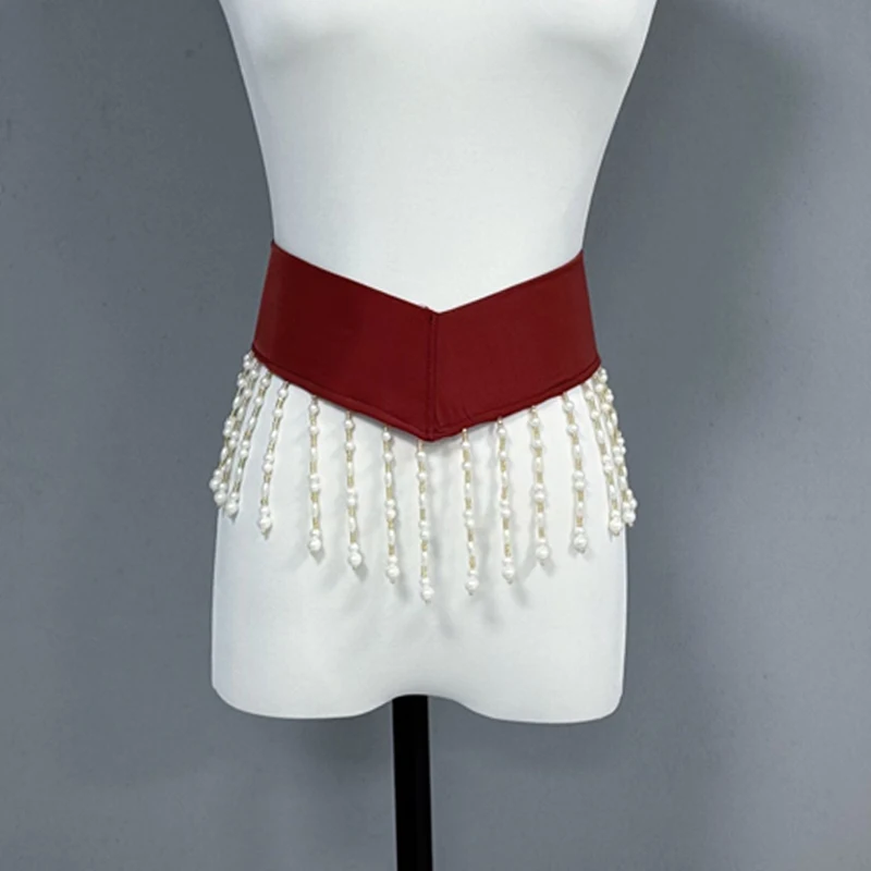 エスニックダンスパールタッセルウエストチェーンウエストバンドコルセット伝統的な中国古典舞踊ベルトステージ衣装アクセサリー