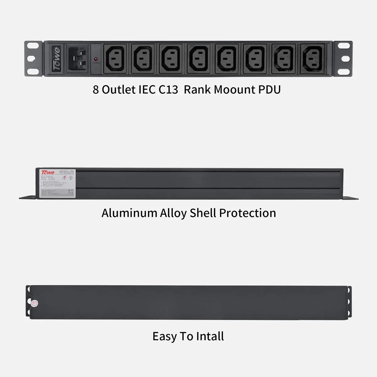 TOWE 8 Outlet IEC C13 PDU Power Strip 16A 250V Metal Rack Mount Power Distribution Unit C20 Input for Server Data Center
