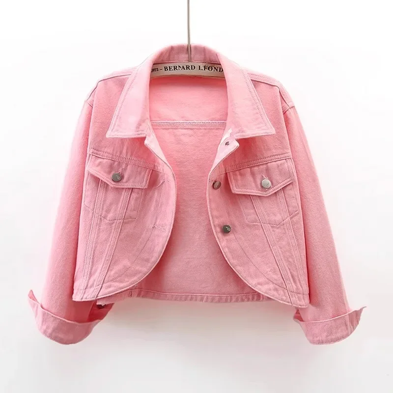 

Korean Fashion Pink White Denim Jacket Women High Waisted Loose Short Cowboy Outerwear Pocket Long Sleeve Jeans Jacket Female