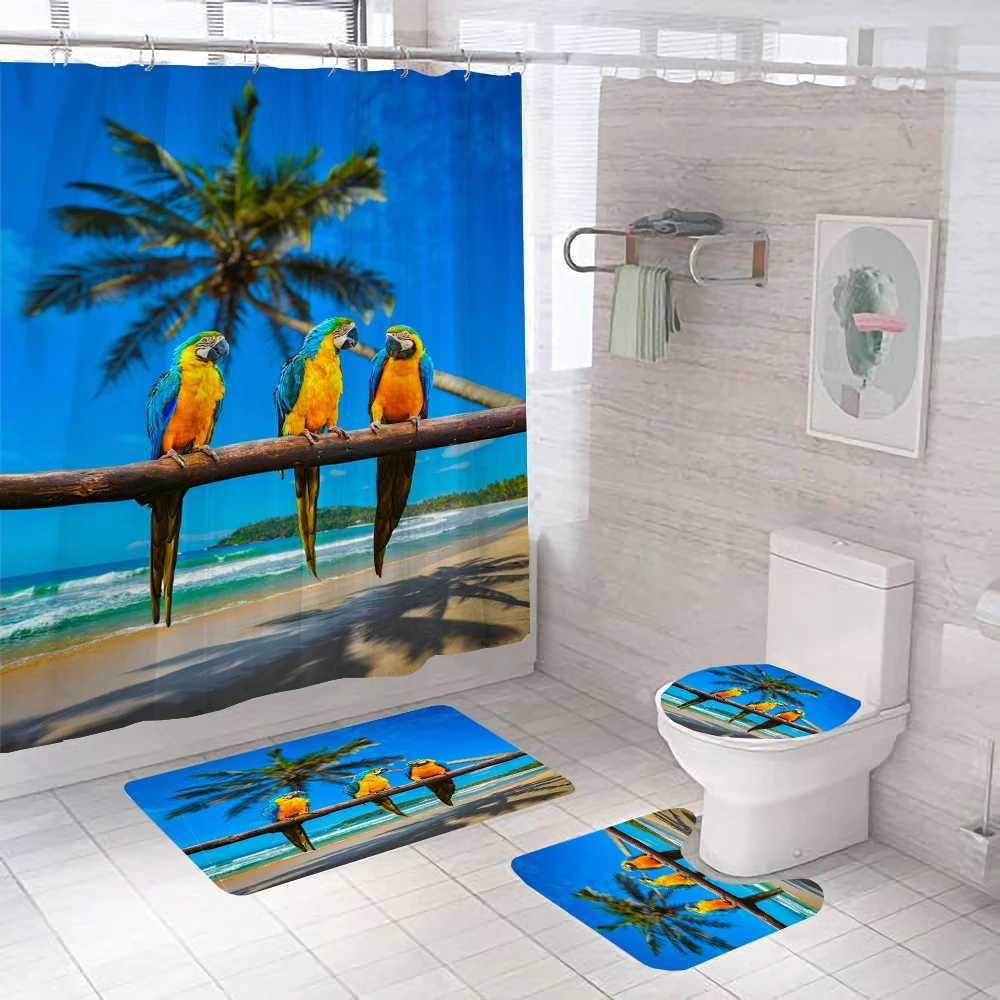 Parrot Birds Printed Bathroom Carpet Set Waterproof Bathroom Curtain Shower Curtain Bath Rug Anti-slip Foot Mat for Toilet