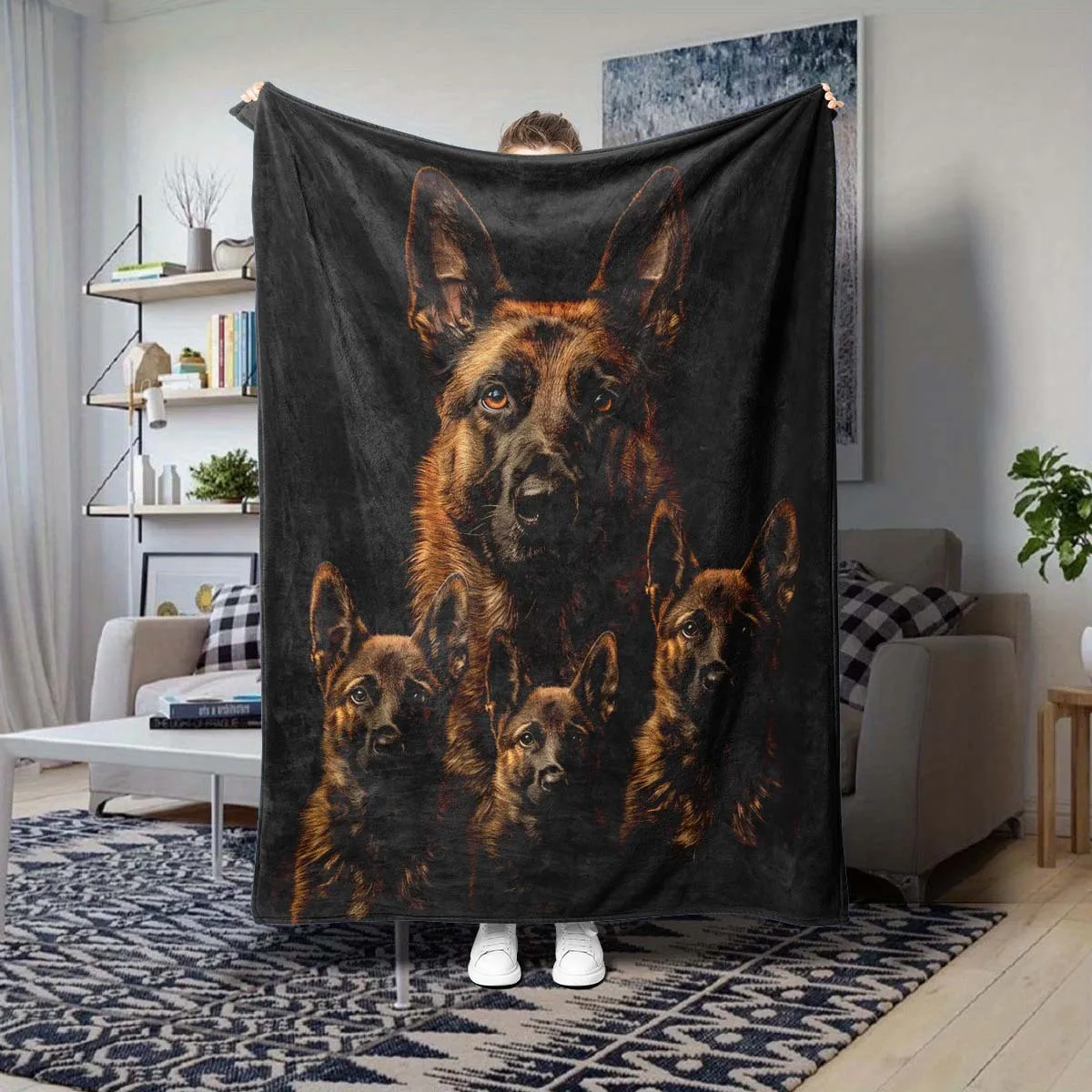 German Shepherd Dog Group Portrait Throw Blanket Fleece Plush Winter Pet Lover Gift Photo Print Cozy Couch Throw Decor