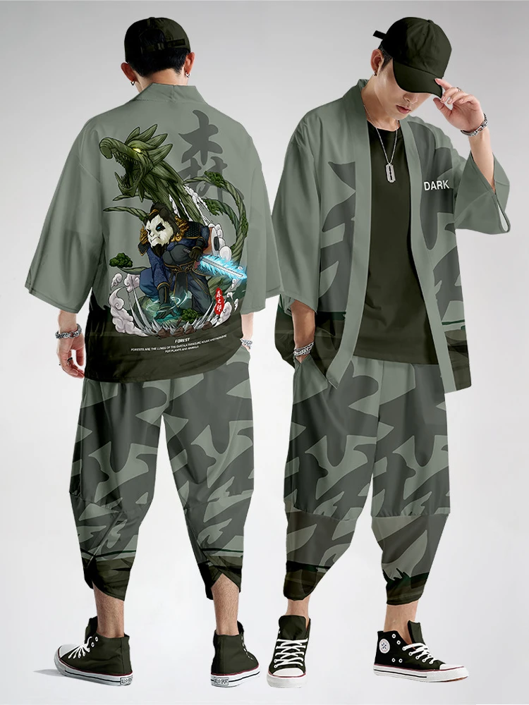 

Plus Size S-6XL Camouflage Japanese Kimono Women Men Cosplay Yukata Clothing Harajuku Samurai Cardigan Tops Pants