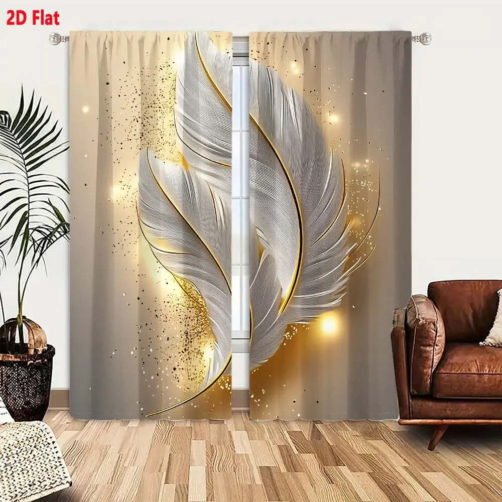 2Pcs Curtains 2D Flat Elegant Pearlescent White Feathers With Gold Outlines And Golden Light Particles On Muted Beige Background