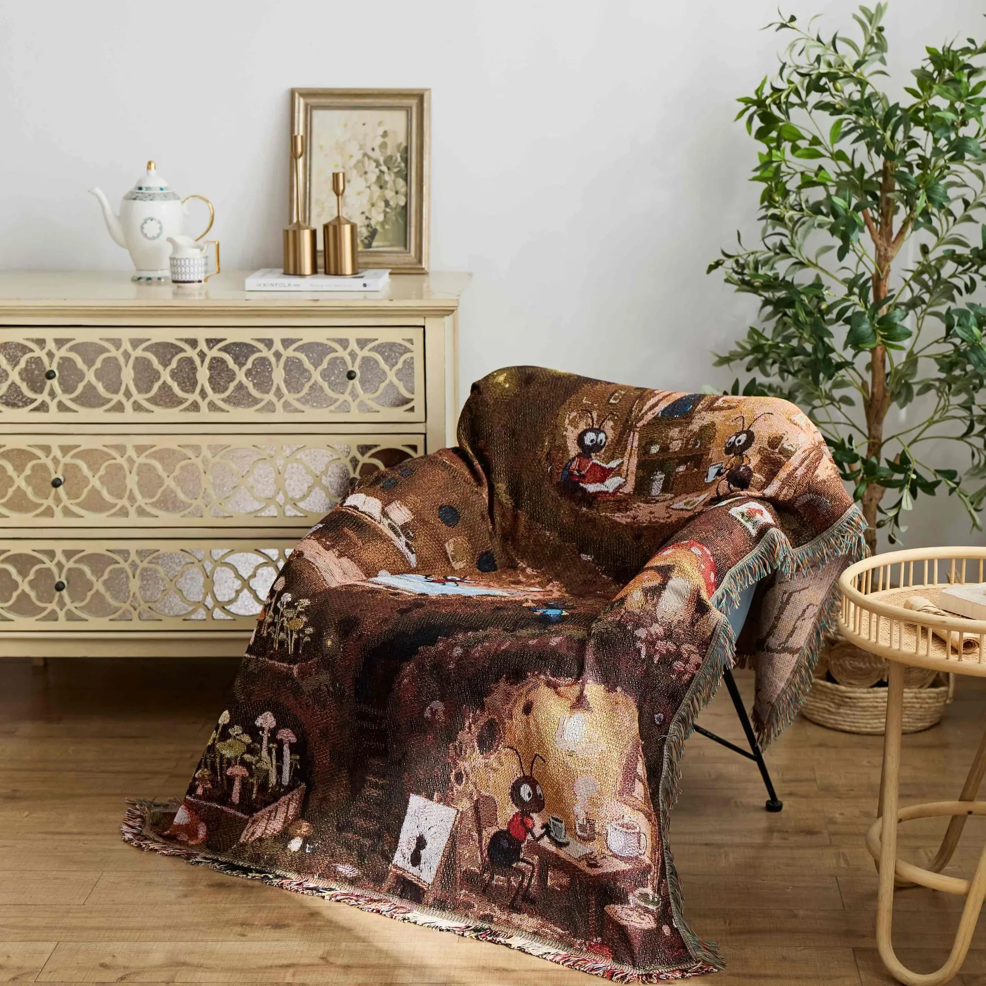 Whimsical Ant Burrow Life Woven Throw Blanket Cartoon Cave Interior Scene Jacquard Blanket Cozy Autumn Winter Warm Home Decor
