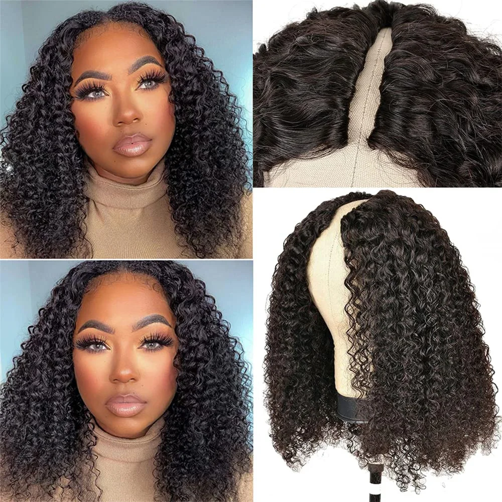 Kinky Curly V Part Wig Human Hair Wigs for Black Women V Part Wigs Kinky Curly Machine Made 180% Density Natural Color
