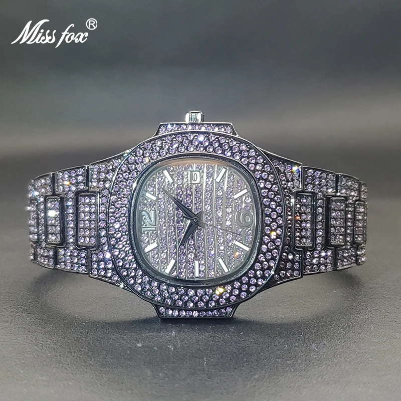 MISSFOX Purple Blue Green Diamond Watch For Men Iced Out Special Color Cool Quartz Watches Waterproof Men\'s Clock Dropshipping